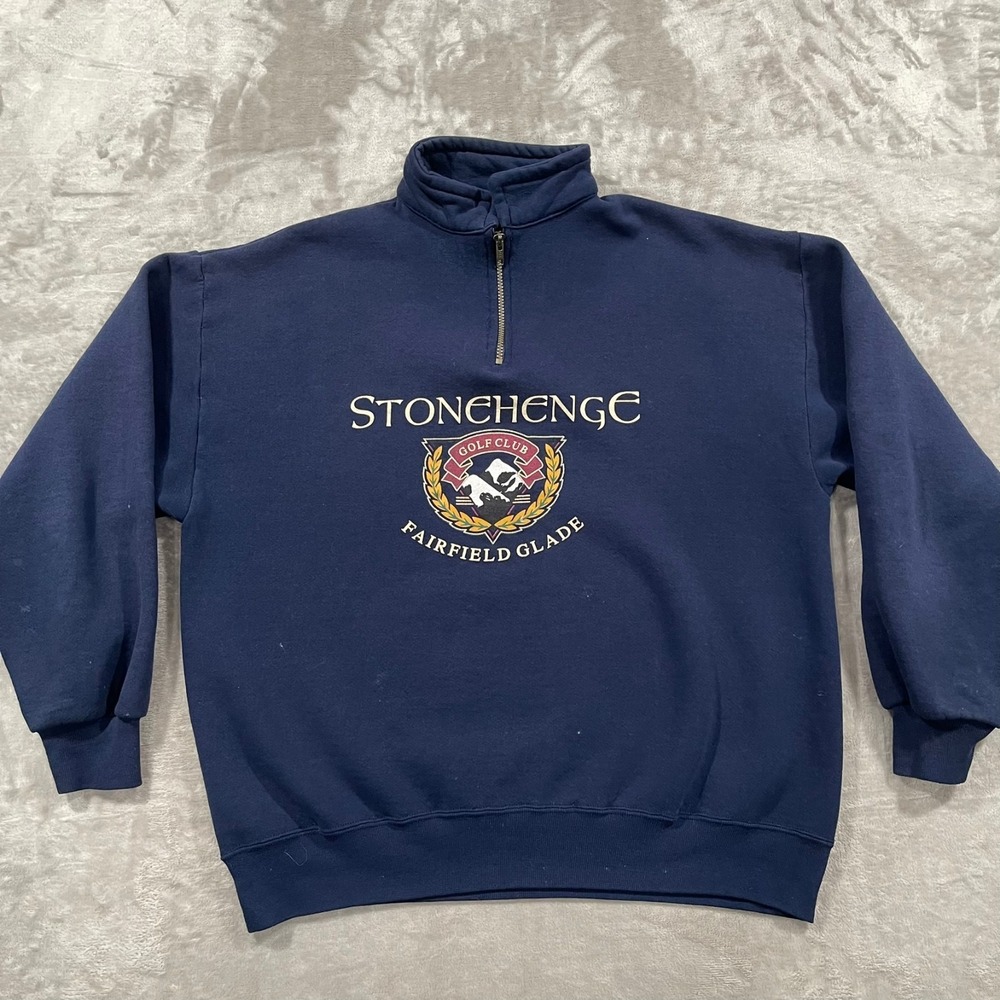 Vintage Jerzees‎ Sweater Mens XL Blue Stonehenge Golf Club 1/4 Zip Preppy
